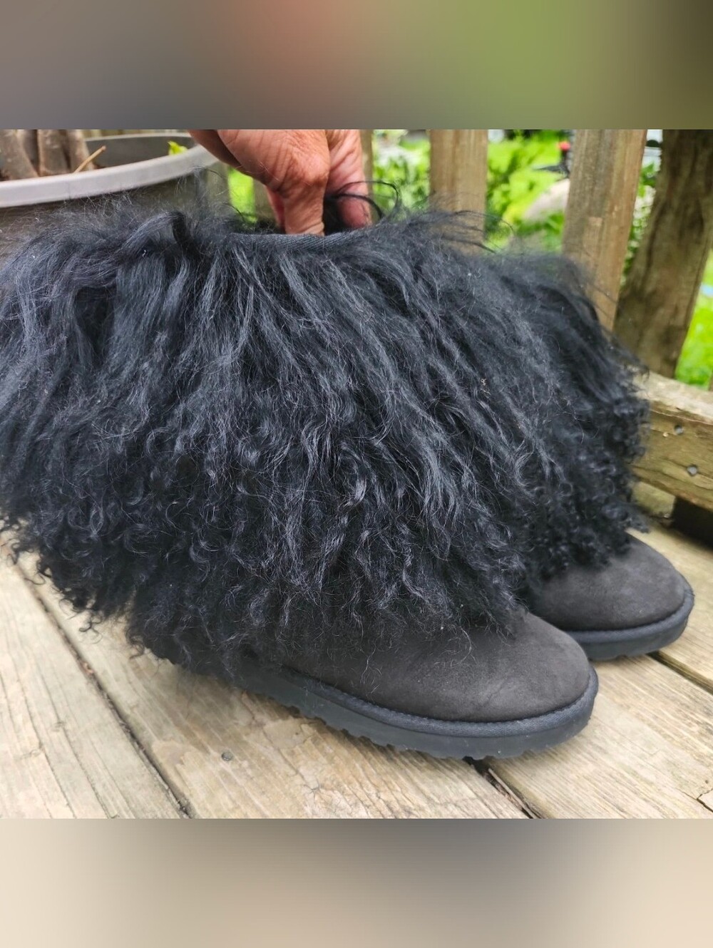 UGG Size 8 39 Black Lida 1875 Mongolian Sheepskin Fur Trim Boots Suede Flats